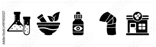 A set of 5 mix icons as flask, ayurvedic medicine, eye drop