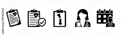 A set of 5 mix icons as health report, medical insurance, xray