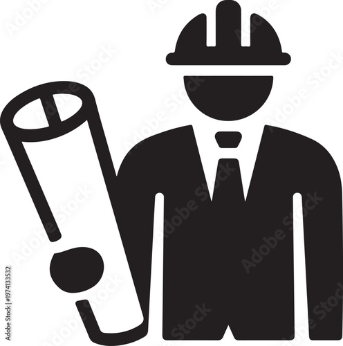 Black and white of a construction worker holding blueprints hard hat suit
