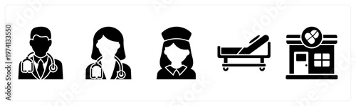 A set of 5 mix icons as male doctor, female doctor, nurse