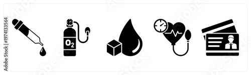 A set of 5 mix icons as dropper, oxygen cylinder, blood sugar