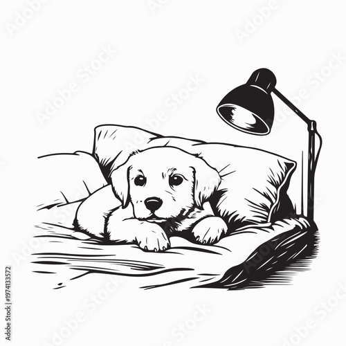Cute Puppy Sleeping Lazily On Bed With Night Lamp Vector Illustration