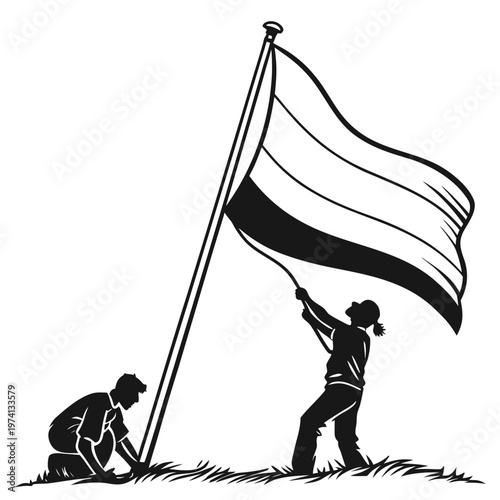 Vector illustration, people planting flag, freedom symbol, black and white