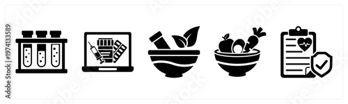 A set of 5 mix icons as test tubes, online pharmacy, ayurvedic medicine