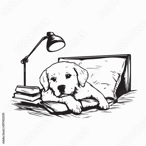 Lazy Puppy On Bed With Night Lamp Vector Illustration