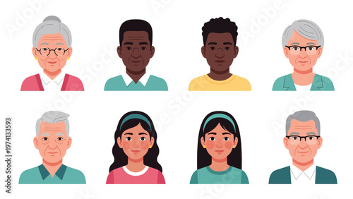 Diverse Multi-Ethnic People Avatars Set. Flat Design Portraits Representing Various Ages & Backgrounds.