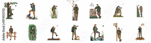 Collection of diverse wildlife photographers in camouflage clothing capturing nature and birds in various outdoor environments, isolated on a white background.
