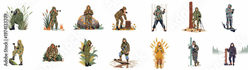 Vector collection of people in camouflage ghillie suits engaged in wildlife photography and nature observation across various outdoor environments.