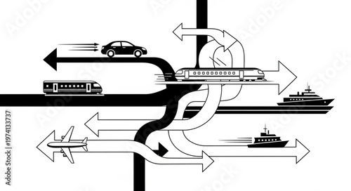 Diverse modes of transportation converging and diverging.
