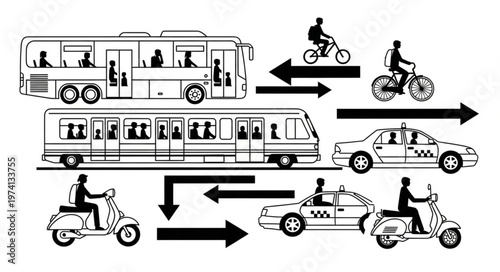 Diverse modes of transportation and urban mobility options.