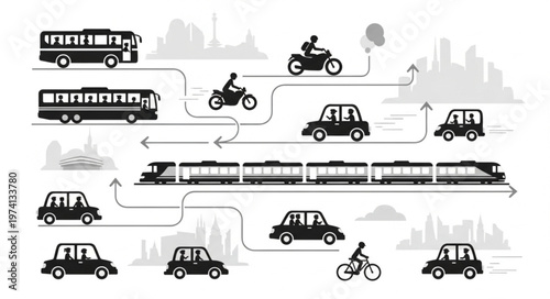 Diverse modes of transportation illustrated in a city landscape.