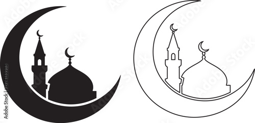 Islamic crescent moon and mosque silhouette designs in contrasting black and white