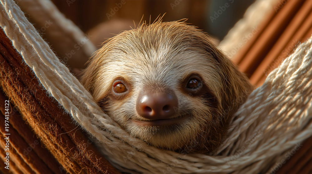 Fototapeta premium Sloth hammock relaxation sleeping napping resting, cozy comfortable cute funny animal mammal, fur smiling happy peaceful calm serenity