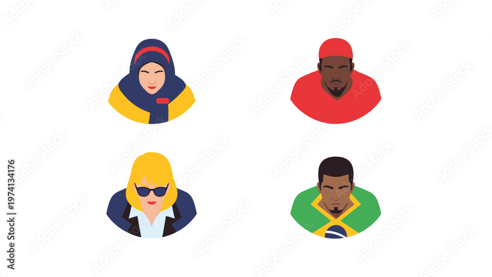 Fototapeta premium Diverse Flat Design People Avatars Set. Multicultural User Profile Icons for Global Demographics and Digital Representation.