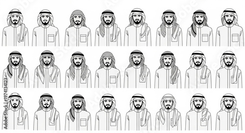 Diverse portraits of Arab men in traditional attire, drawing style.