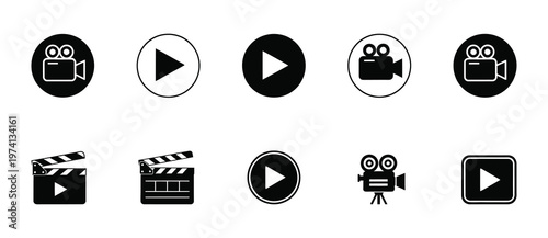 Collection of black and white film and video icons
