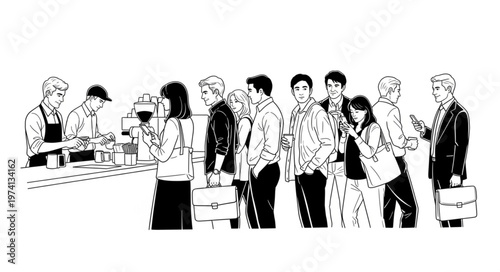 Diverse group of people waiting in line at a coffee shop.