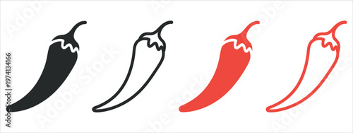 Minimalist vector illustration of four chili peppers in black and red colors, ideal for spicy food branding, healthy eating campaigns, or bold graphic design projects.