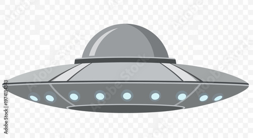 Gray UFO with glowing blue lights.