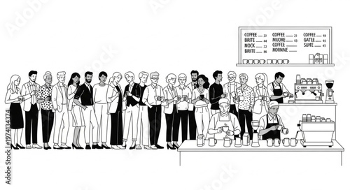 Diverse group of people waiting in line at a coffee shop counter.