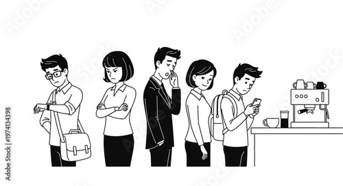 Diverse group of people waiting in line at a coffee shop.