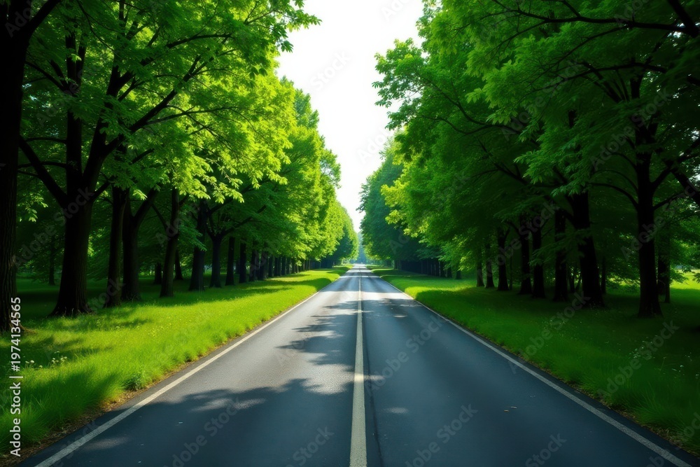 Obraz premium A sunlit asphalt road stretches ahead, lined with vibrant green trees casting shadows on the pavement, a picturesque landscape of nature's beauty and tranquility