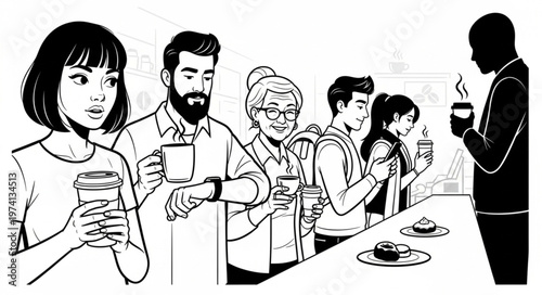 Diverse group of people waiting in line for coffee at a cafe.