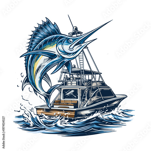 Marlin Fish Jumping Behind Fishing Boat in the Ocean Illustration