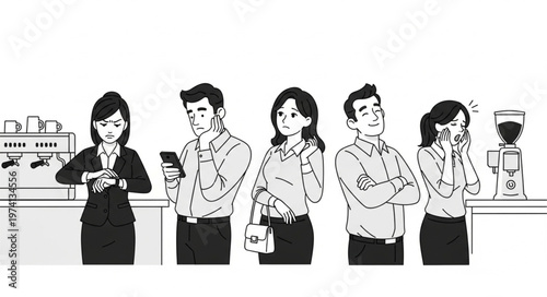 Diverse group of people waiting in line with various expressions.