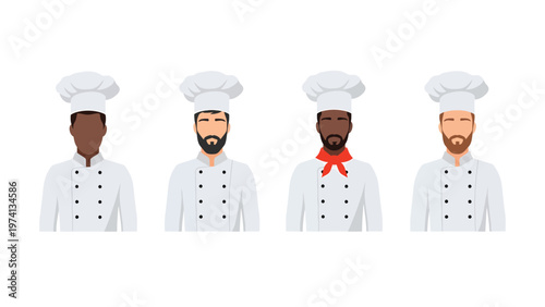Diverse Male Chefs in White Uniforms and Toque Hats. Professional Culinary Staff Vector Illustration.