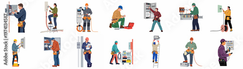 Collection of diverse professional electricians installing and repairing electrical panels and wiring systems, shown in flat vector illustration style isolated on white.