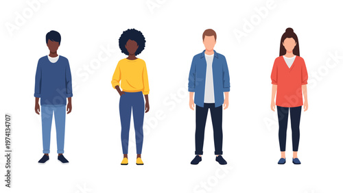 Diverse young adults standing. Full-length flat vector illustration of multi-ethnic men and women in casual clothes on white.