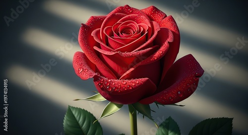 Vibrant Red Rose Blooming in Sunlight with Green Stem.