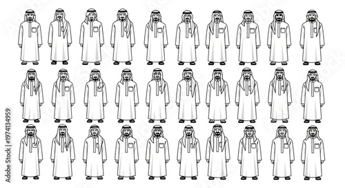 Diverse group of traditional Arab men in various attire poses.