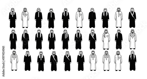 Diverse group of traditional Arab men in various attire.