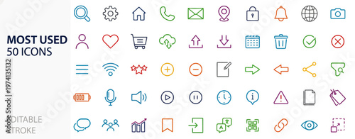 A comprehensive collection of 50 editable stroke icons, perfect for web design, app interfaces, and user experience projects, featuring diverse symbols for communication, navigation, and functionality