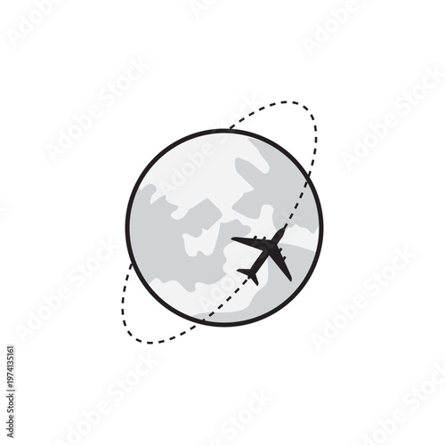 Global travel vector graphic: airplane circling Earth with flight route symbol.

