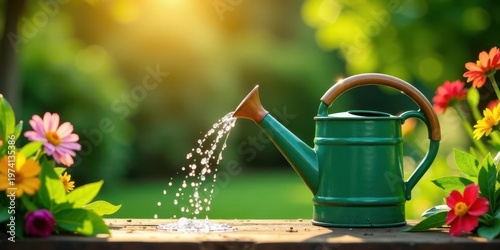 Watering Can Pouring Water on Vibrant Blossoms in a Lush Garden Setting