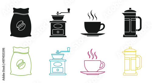 Coffee brewing process icons beans grinder steam cup and french press