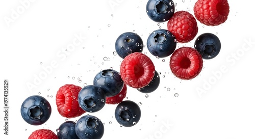Fresh flying blueberries and raspberries, falling forest berries with water splashes, white background