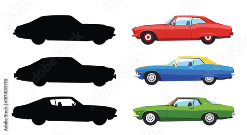 Classic muscle cars in various colors and silhouette views
