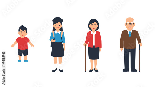 Human life stages vector illustration: child, teenager, adult, senior citizen progression