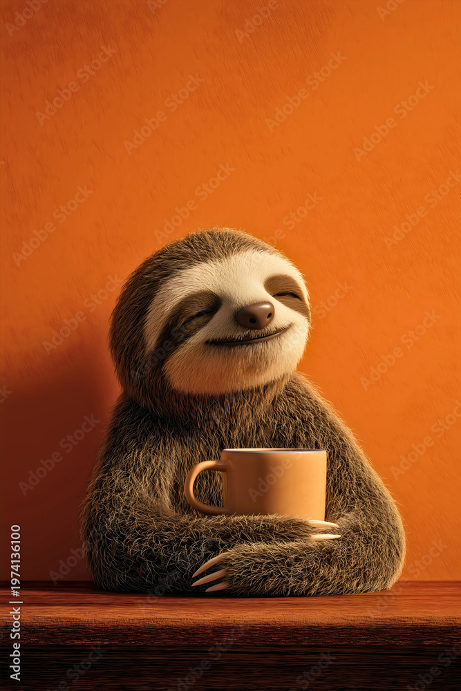 Fototapeta premium Cute Sloth Character Holding Coffee Mug with Happy Expression on Orange Background
