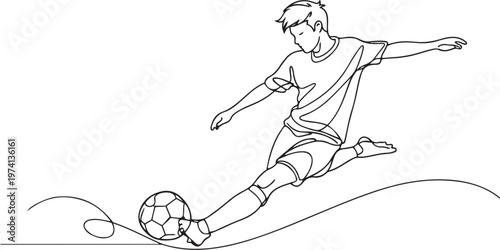A continuous line drawing depicts a soccer player kicking a ball during a game