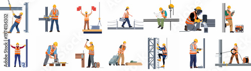 Collection of flat construction worker characters performing various site tasks including welding, measuring, drilling, and project planning in industrial settings.