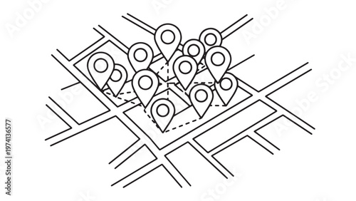 Isometric line art illustration of a city map with numerous location pin markers connected by dashed lines, representing navigation, network, or delivery routes.