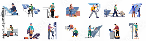 Comprehensive collection of diverse technicians and engineers installing, maintaining, and repairing solar panels for sustainable and renewable green energy production.