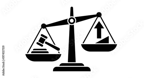 Scales of justice with gavel and rising graph.