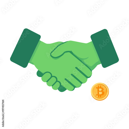 Vector of two green hands shaking with a bitcoin symbol