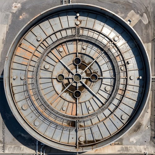 Overhead Aerial View of Crude Oil Tank Reveals Floating Roof Drainage Rings and Industrial Geometry